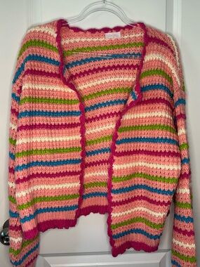 Pink Lily Pink Multi-Striped Open Knit Cardigan